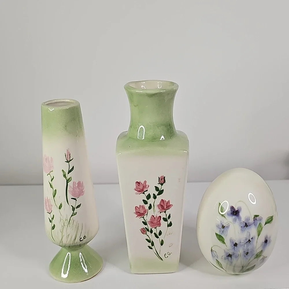 Ceramic Square Floral Flower Vase Green/White/Pink Glossy Finish C.G